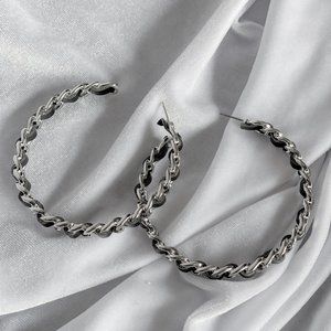 Black Faux Leather and Silver Metal Braided/Looped Chained Hoop Earrings